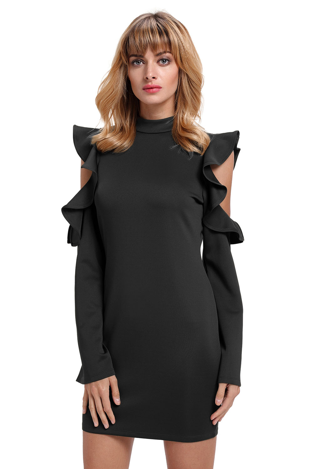 BY220150-2 Black Cold Shoulder Ruffle Long Sleeve Bodycon Dress